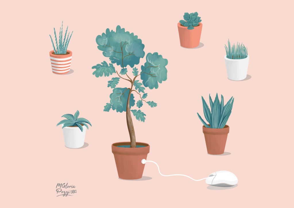 illustrations of potted houseplants with embedded wire and mouse